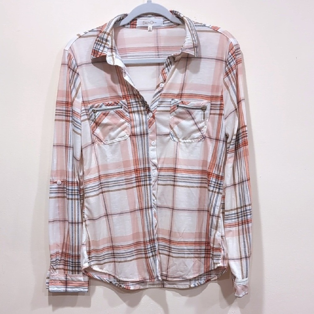 Eden & Olivia Pink White Plaid Button Down Shirt Zipper Pockets Womens Medium